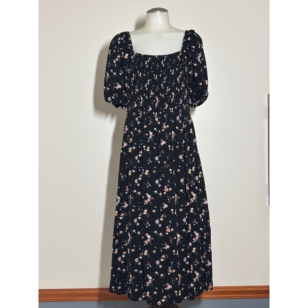 Floral Smocked Puff Sleeve Midi Dress Womens Large Black Boho Tiered Good
